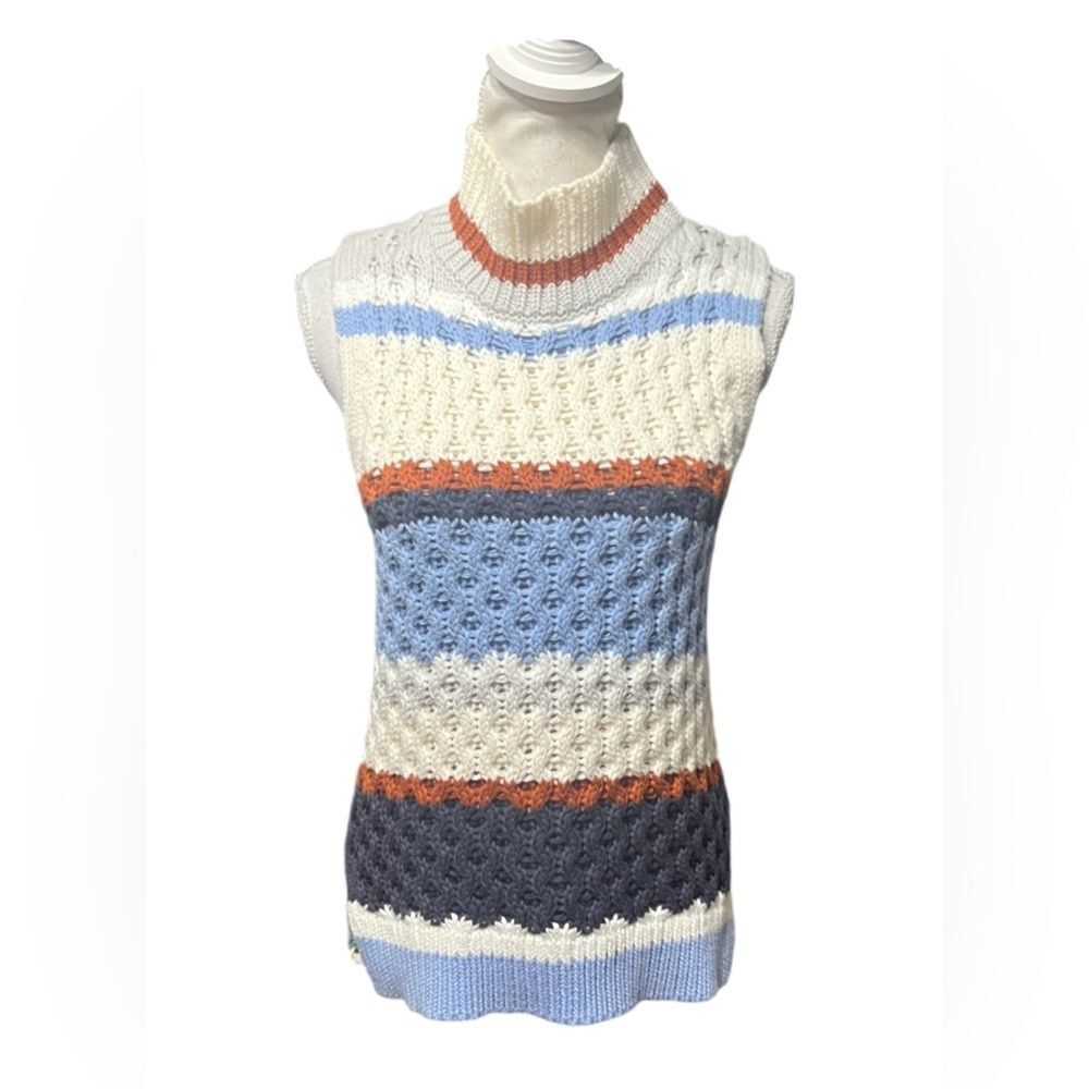 Marie Oliver Womens Size M Sleeveless Turtleneck Blue Tonal Chunky Knit Pullover